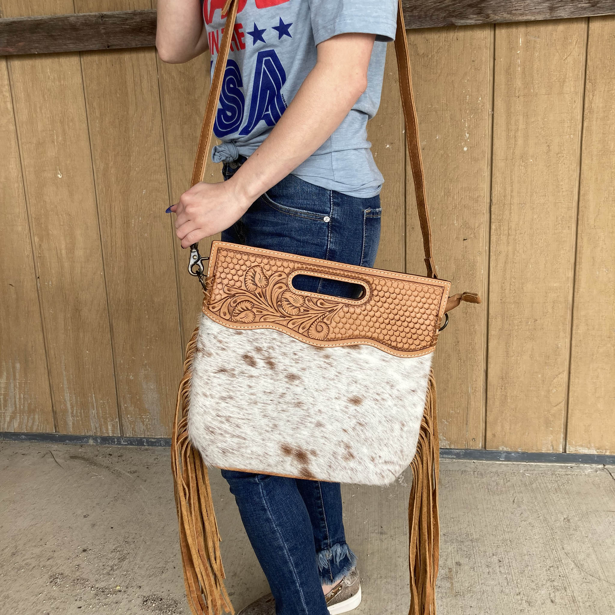 American Darling Brown White Hide and Fringe Purse – Western Edge, Ltd.