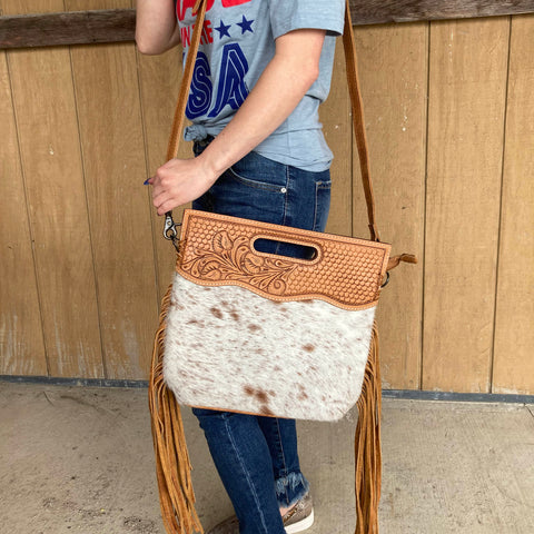 American Darling Brown & White Hide Tooled with Fringe Purse
