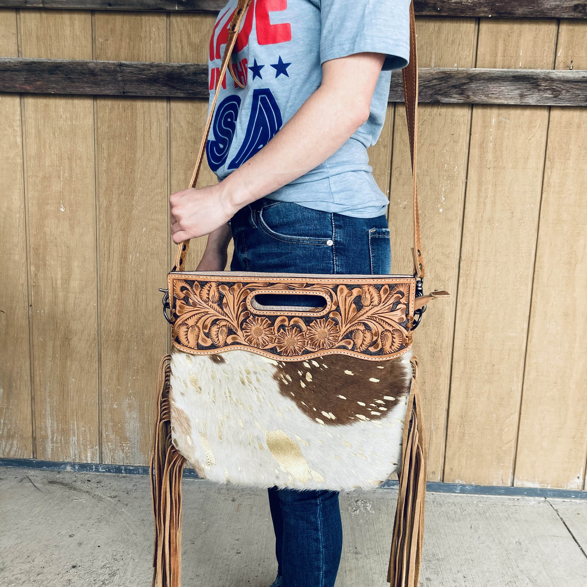 cowhide purse with fringe