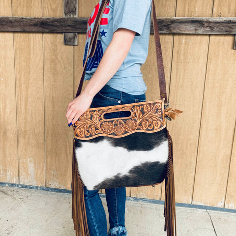 American Darling Brown and White Hide Fringe Purse