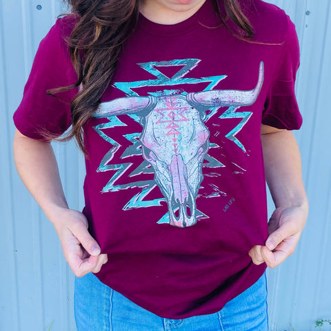 Burgundy Aztec Skull Tee