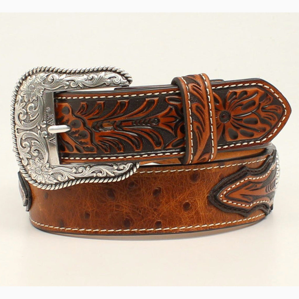 Ariat Men's Brown Ostrich and Floral Belt 