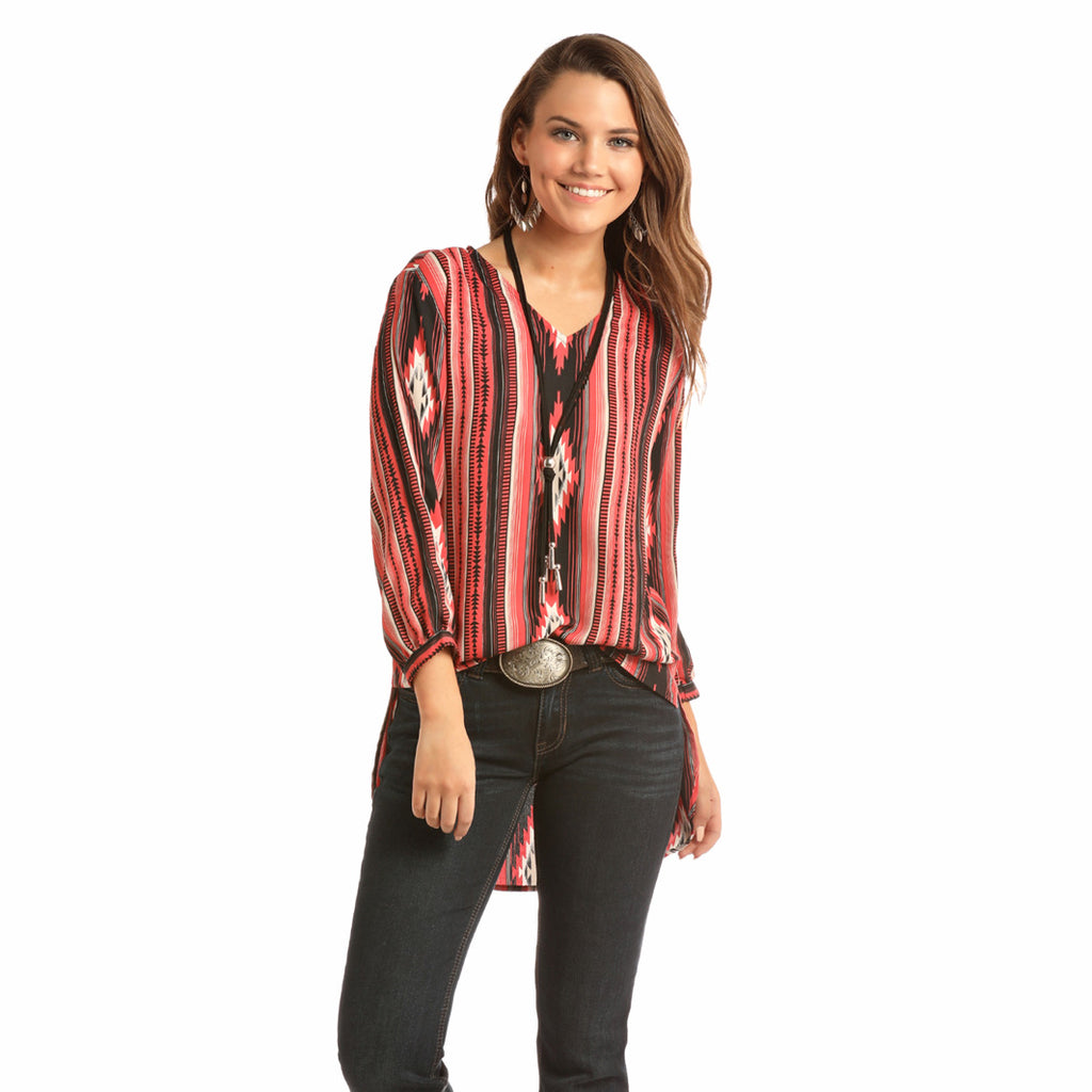 Rock & Roll Cowgirl Women's Red and Black Aztec Hi Lo Shirt 