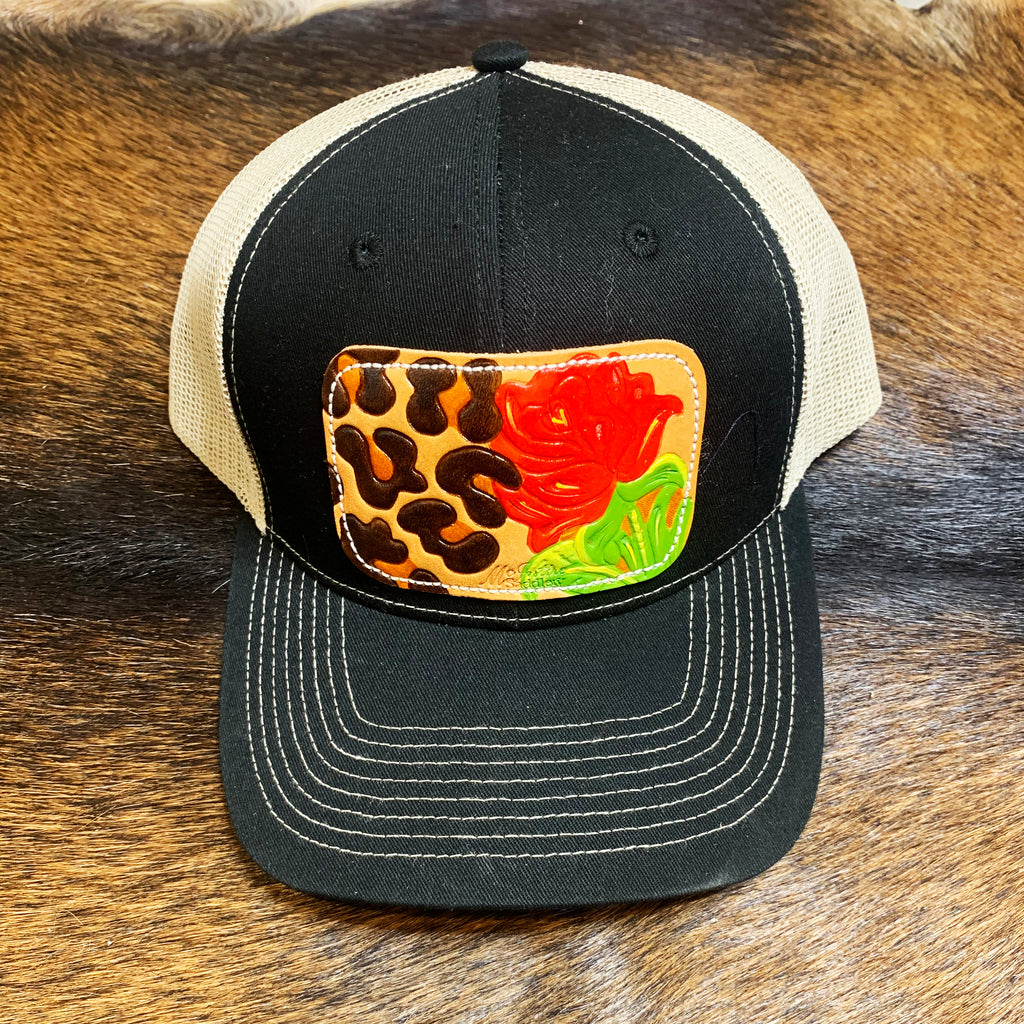 McIntire Saddlery Black Leopard Red Rose Tooled Cap