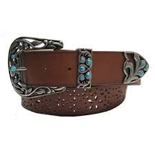 Women's Tan and Turquoise with Cutout Flower Design Belt