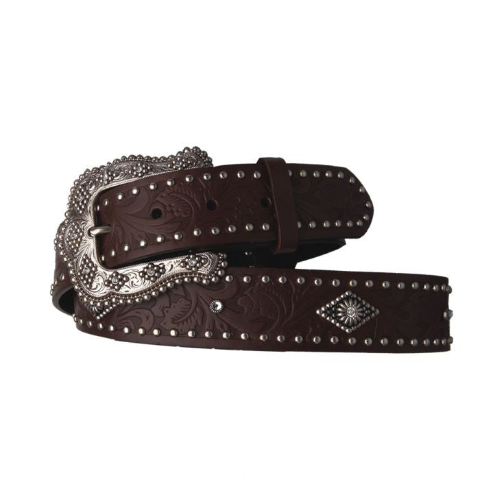 Women's Brown Tooling with Sliver Diamond Stud Belt