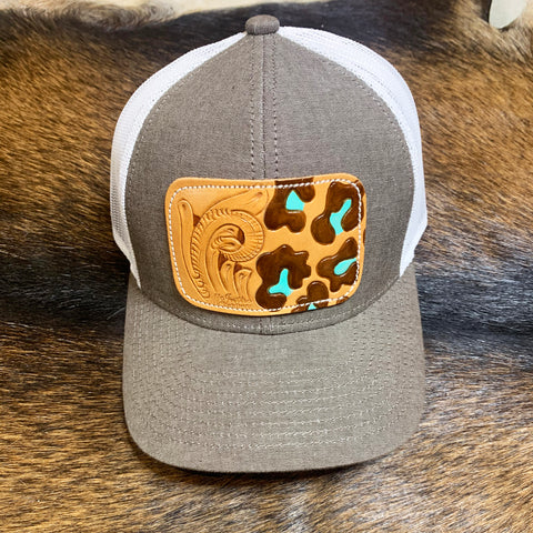 McIntire Saddlery Brown Turquoise Leopard Tooled Cap