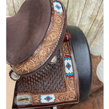 Youth Saddle with Beaded Inlay and Seashell Background Up Close View