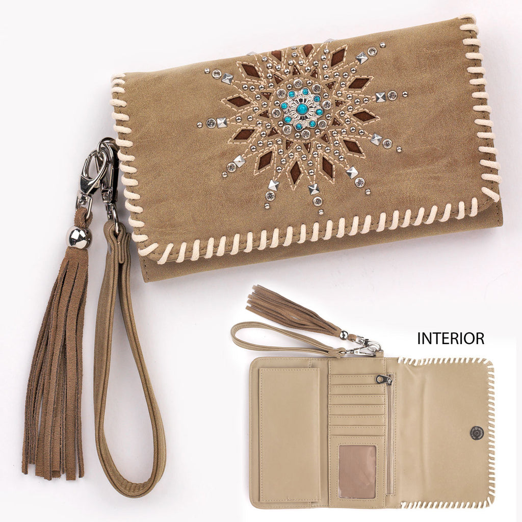 Women's Tan and Turquoise Rhinestone Wallet 