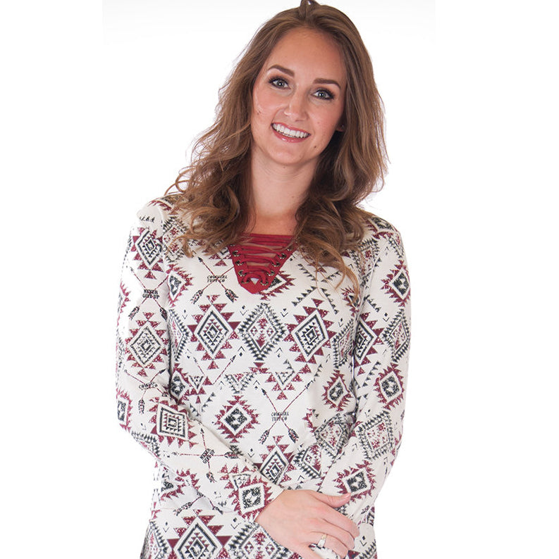 Cowgirl Tuff White and Red Aztec Long Sleeve Shirt