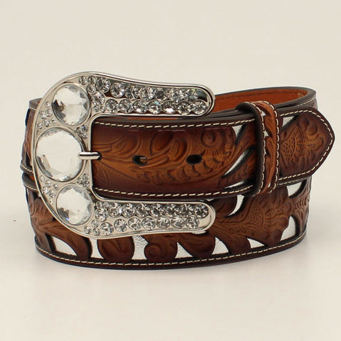 Angel Ranch Ladies Tan & Silver Floral Overlay Belt