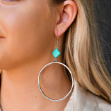 Large Hammered Hoop Turquoise Diamond Earrings