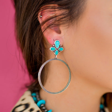 Silver Dotted Hoop with Turquoise Cluster Post Earrings