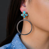 Silver Dotted Hoop with Turquoise Cluster Post Earrings