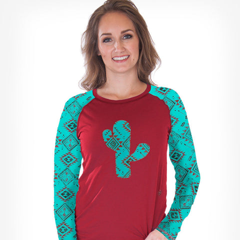 Cowgirl Tuff Red/TQ Cactus Long Sleeve