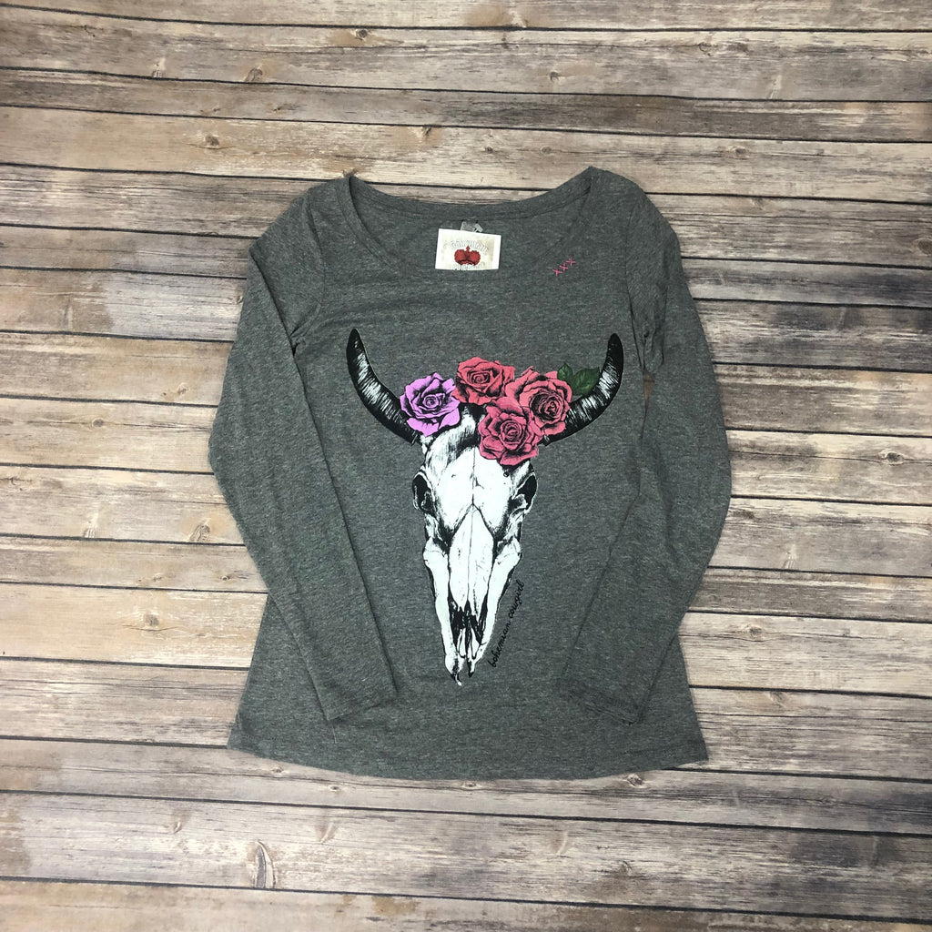 Grey Skull and Flowers Long Sleeve Shirt