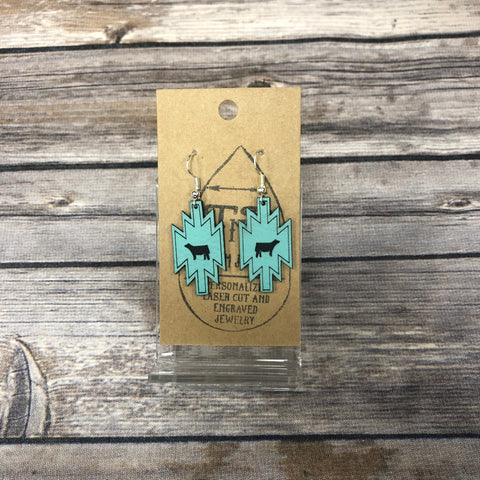 T N R Custom Jewelry Small Aztec Leather Teal Steer Earring