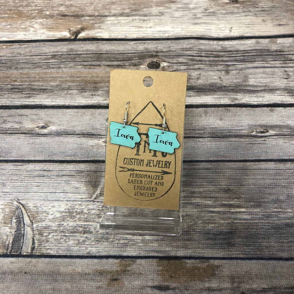 T N R Custom Jewelry Small Teal Leather Iowa Earring