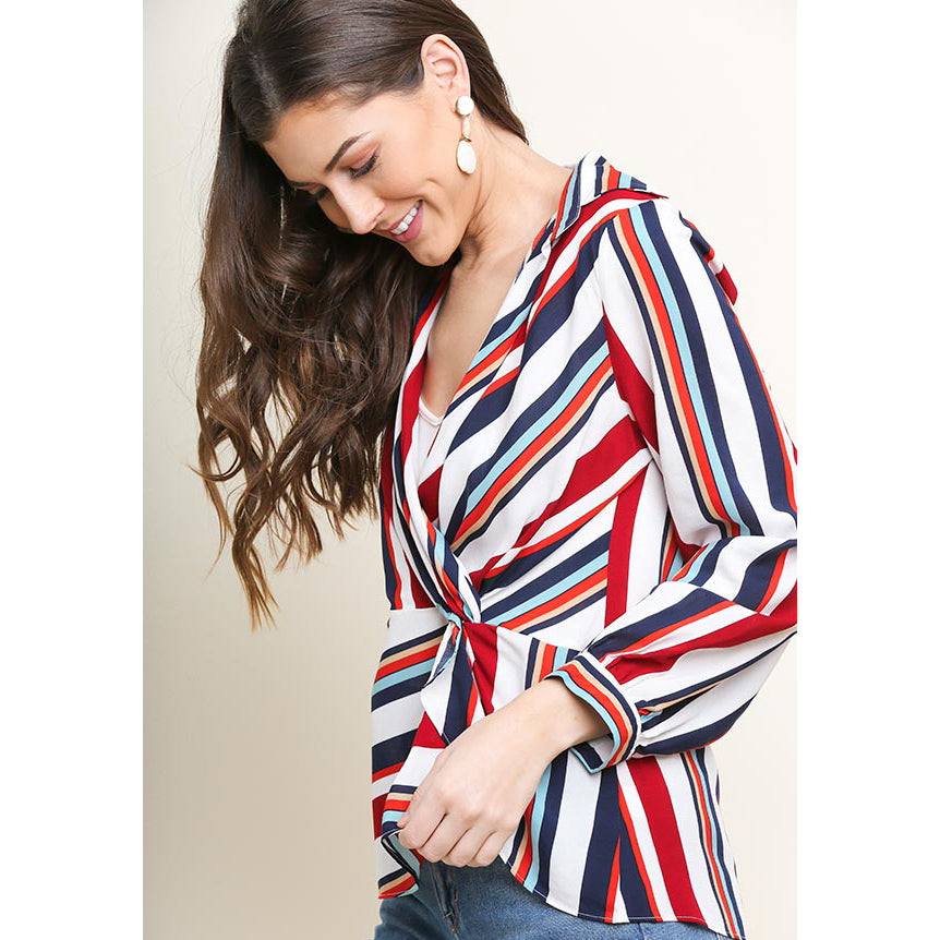 Women\'s Red, White and Navy Striped Long Sleeve V Neck Shirt – Western  Edge,