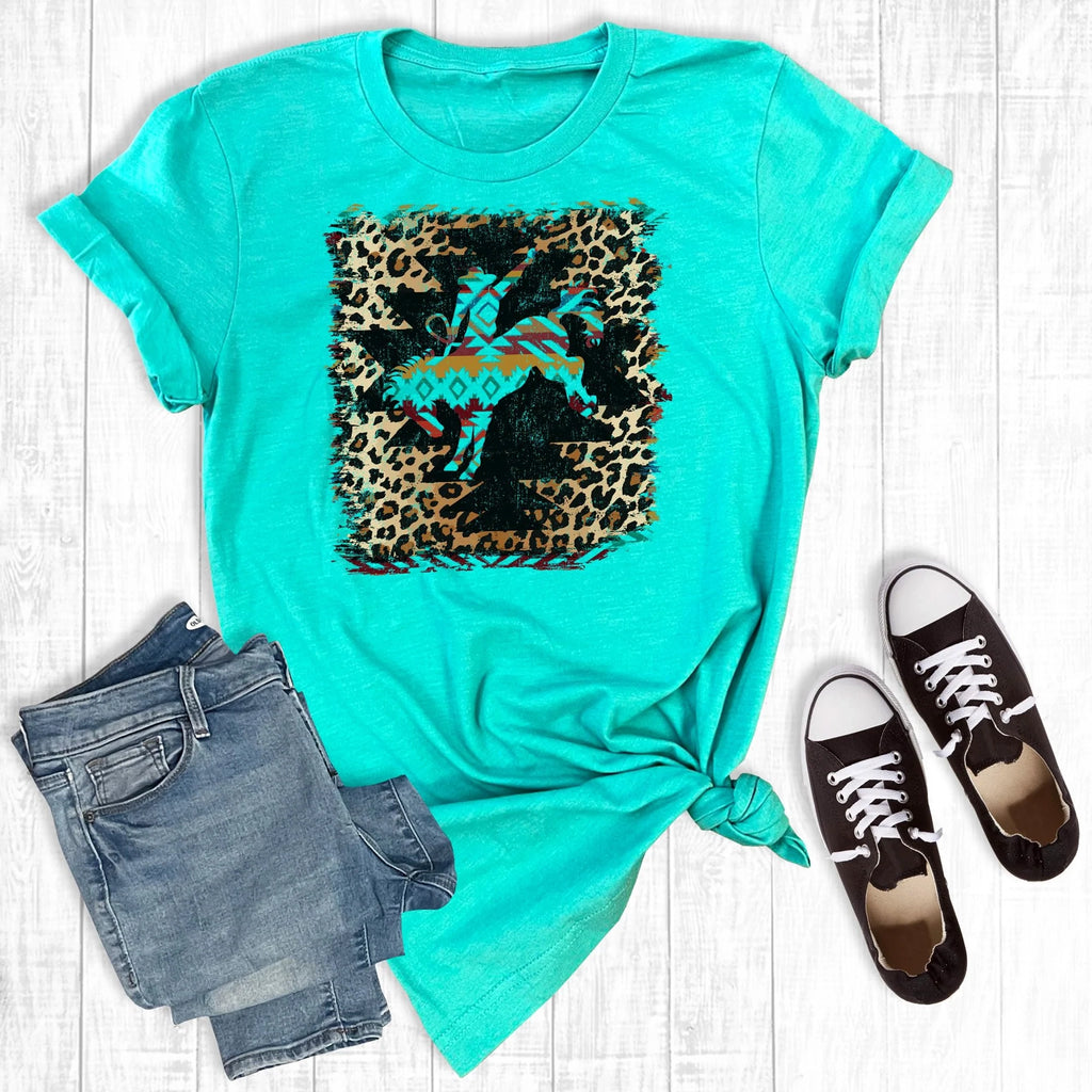 Rebel Rose Leopard Aztec Bronc Turquoise Tee