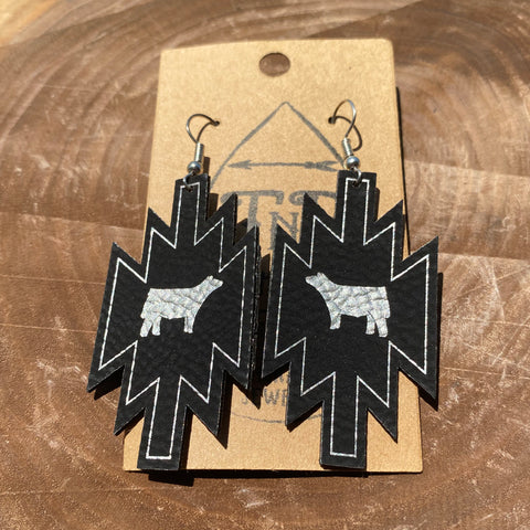 TNR Handmade Leather Cattle Black Aztec Earrings