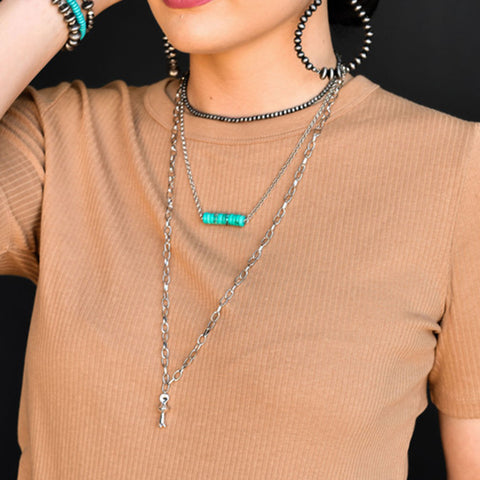 Silver Layered Navajo Pearls with Turquoise Beaded Bar & Blossom Charm Necklace