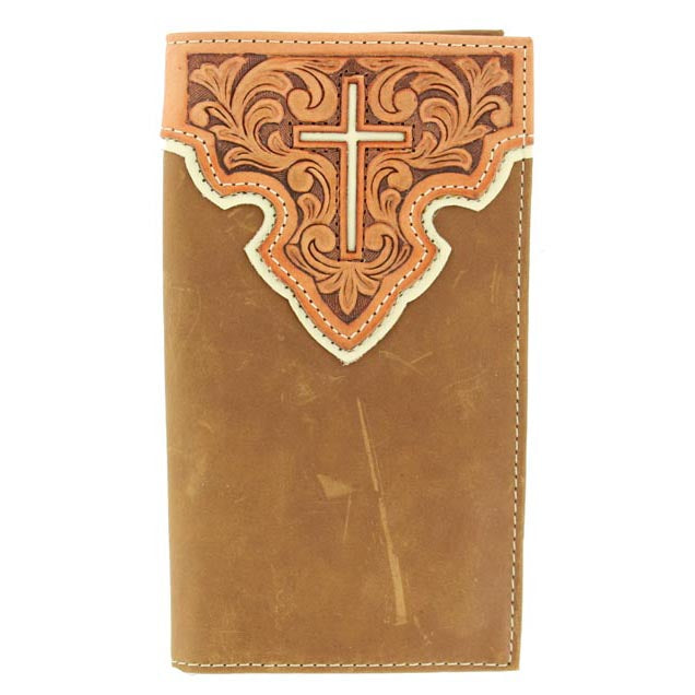 Nocona Men's Brown Tooled Cross Overlay Checkbook