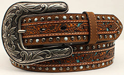 Nocona Women's Floral Pierced Turquoise Underlay Belt