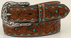 Nocona Women's Tan Turquoise Underlay Lace Edged Belt