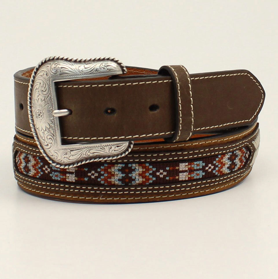 Nocona Brown Leather Western Belt Colorful Woven Inlay Rhinestone Buckle S/M Nocona Genuine Leather Rhinestone Studded Bling Western Wide  main image 4