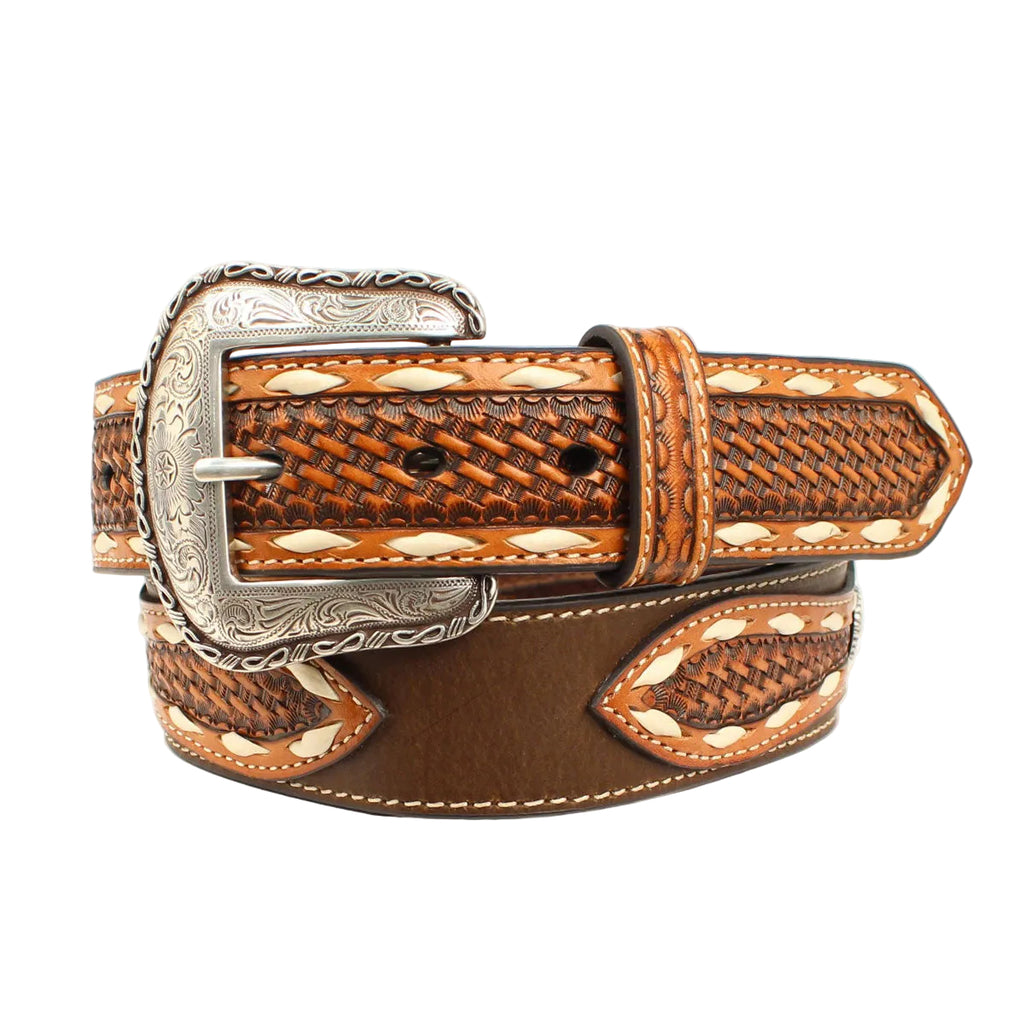 Nocona Men's Brown Basketweave Embossed and Ivory Buck Lace Edges Belt