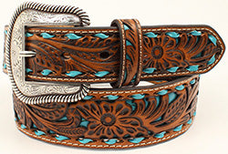 Nocona Men's Floral Pierced Turquoise Underlay Belt