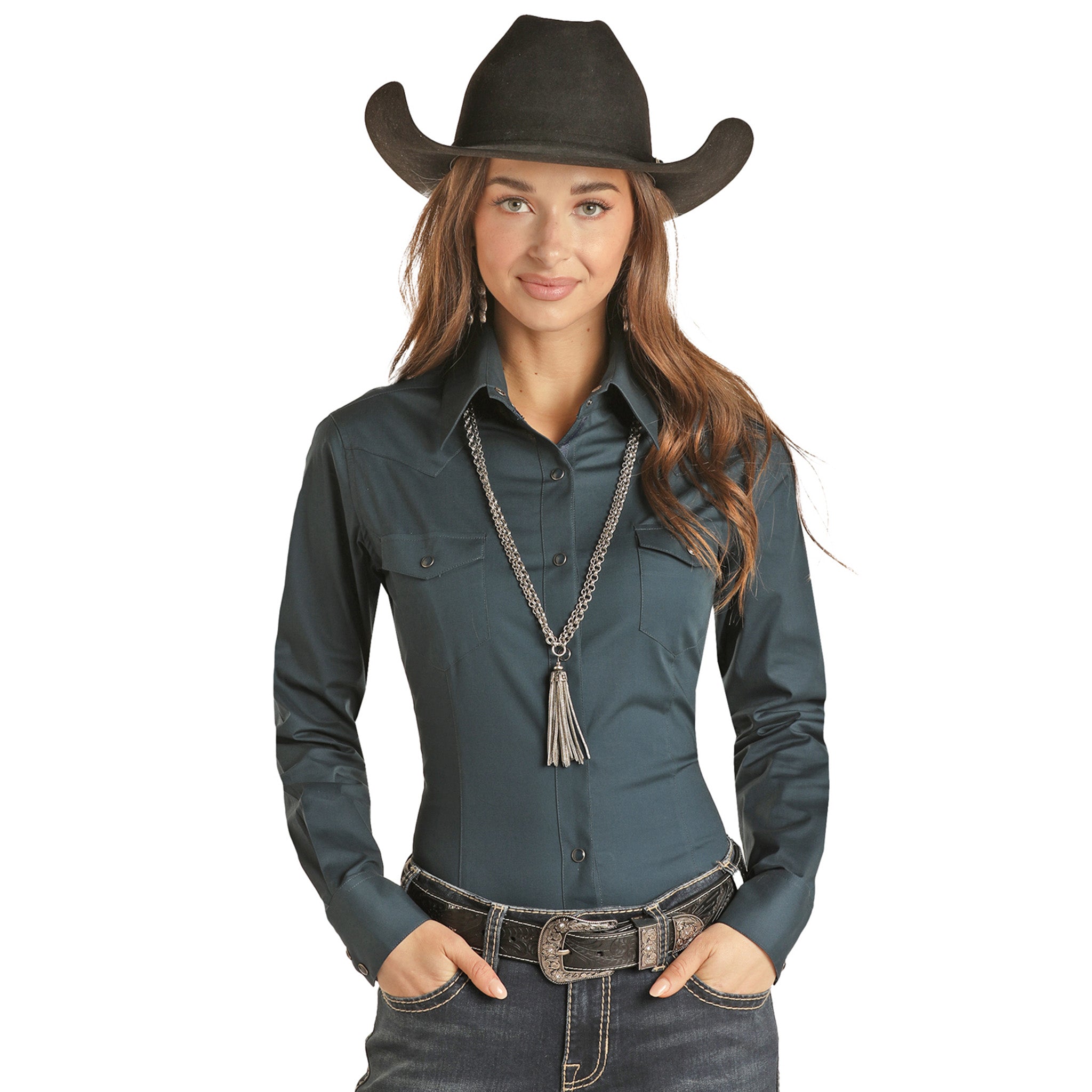 SALVAJE OESTE Men’s Snap Button Western Shirt – Our Lady Of Guadalupe Embroidery, Long Sleeve, Dark Grey 3XL