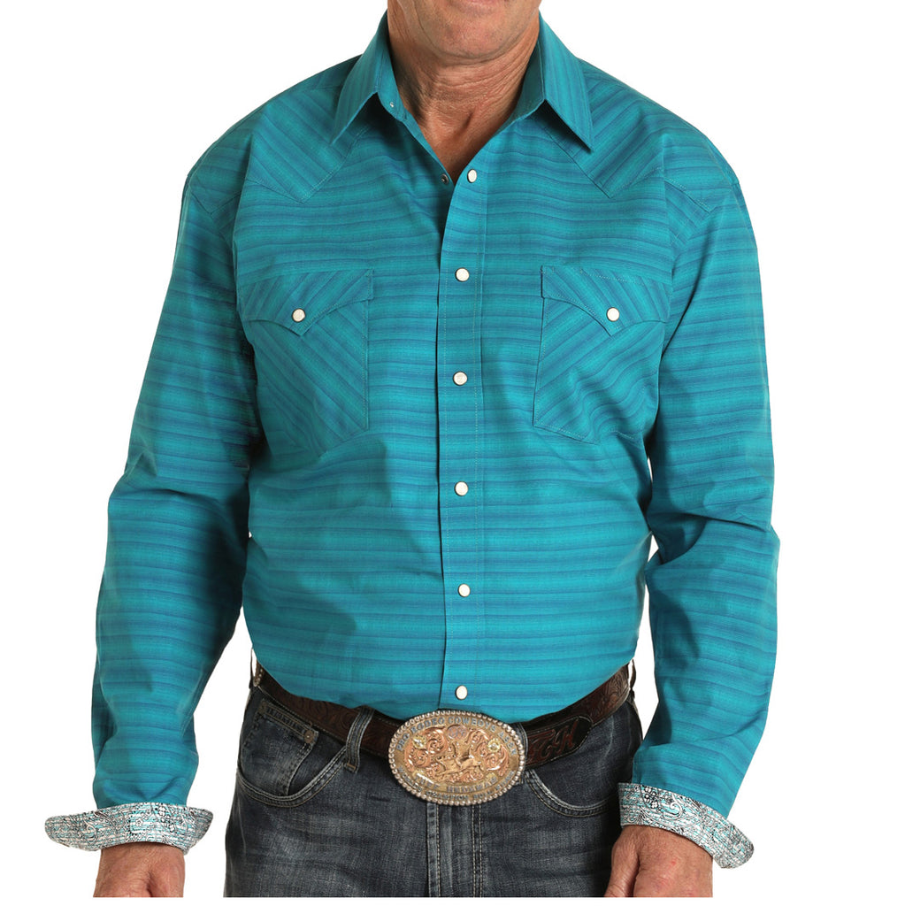 Panhandle Men's Turquoise Tone Horizontal Striped Shirt