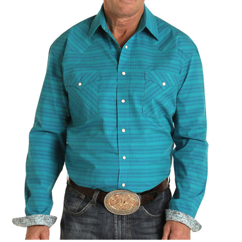 Panhandle Men's Turquoise Tone Horizontal Striped Shirt