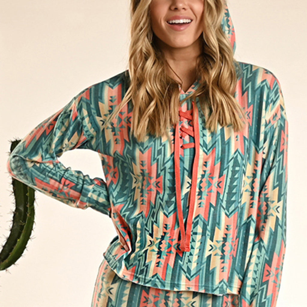 Rock & Roll Turquoise and Peach Aztec Hoodie