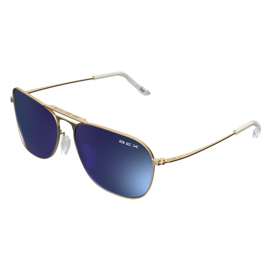 BEX Ranger Sunglasses. They have a gold metal frame with blue tinted lenses.