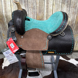 youth saddle with black tooling and turquoise plush seat