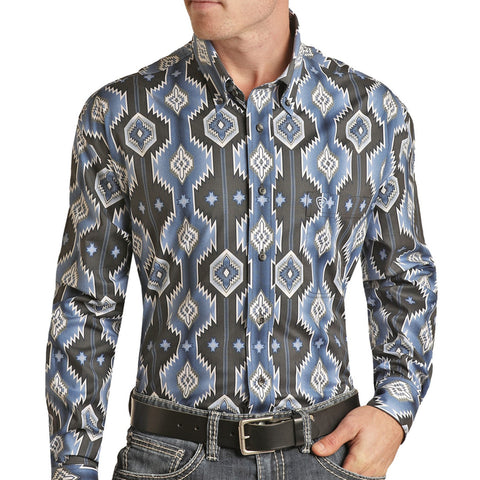 Rock & Roll Men's Regular Fit Aztec Button-Down Shirt-Blue/Black