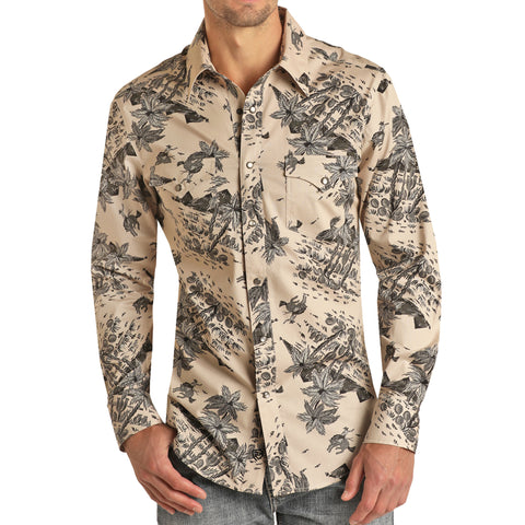 Rock & Roll Men's Cream & Charcoal Tropical Long Sleeve