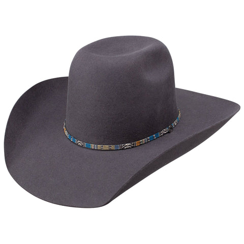 grey felt hat with colorful hatband