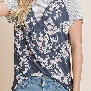 Floral Print Contrast Pin Striped Short Sleeve Top