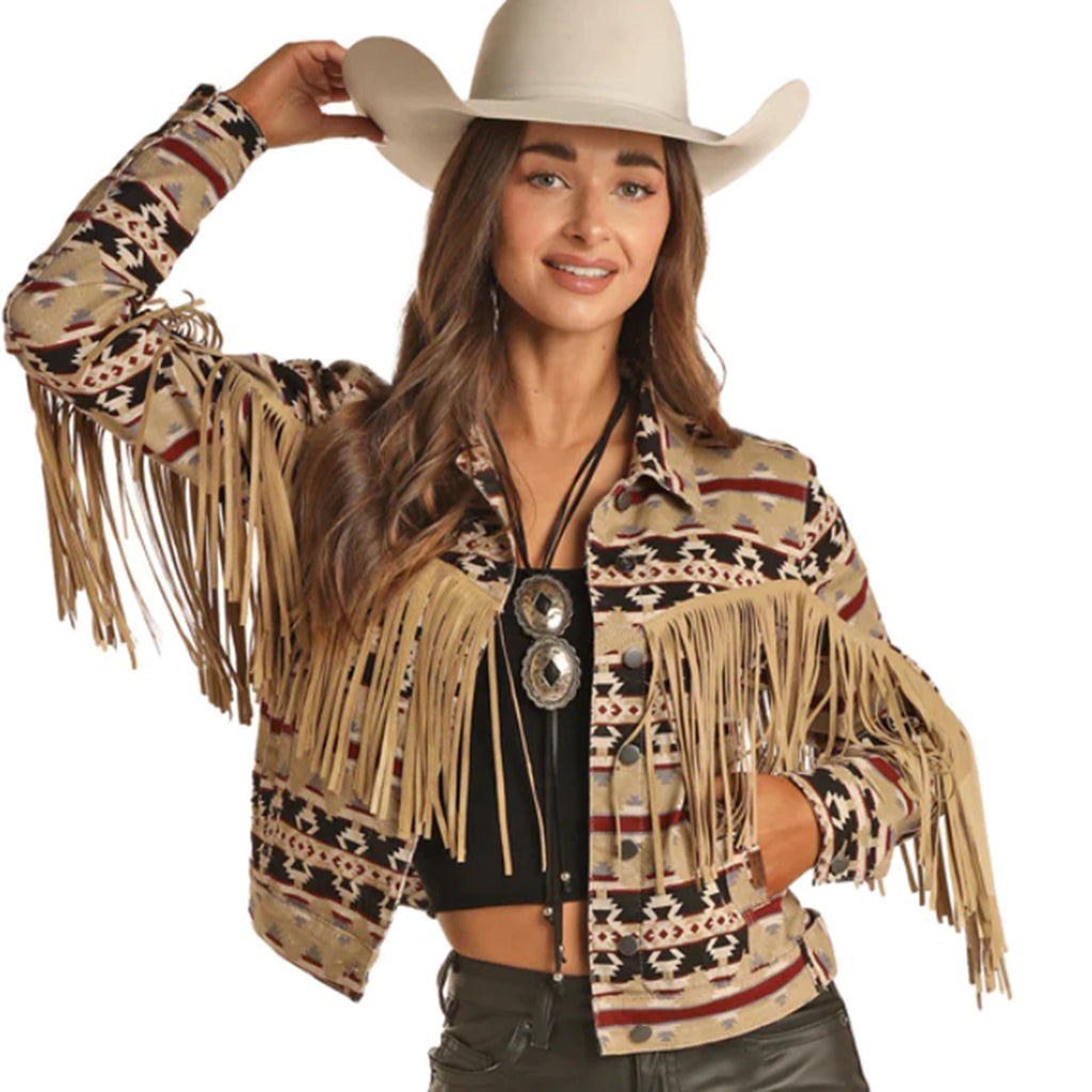 Powder River Woman's Aztec Wool Fringe Jacket-Khaki
