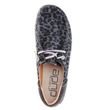A HEYDUDE shoe pictured from a top angle. The shoe's leopard pattern is very apparent. The insole is exposed and displays a HEYDUDE logo.