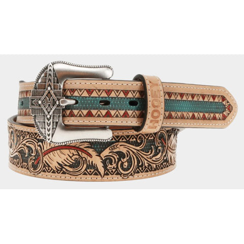 Hooey Tapered Nat. Leather Feather & Filigree Embossed Belt