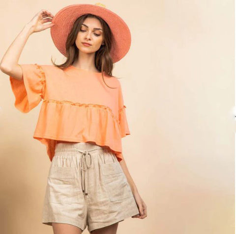 Coral Wide Ruffle Short Sleeved Shirt