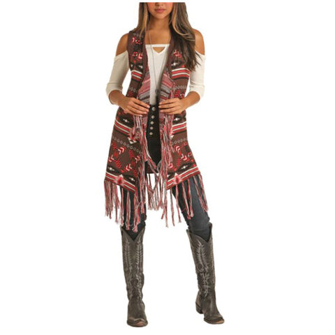 Powder River Outfitters Ladies Aztec Jacquard Fringe Vest