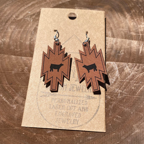 TNR Handmade Rawhide Leather Aztec Cattle Earrings