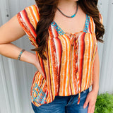 Coral Aztec Striped Short Sleeve