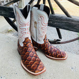 Tanner Mark Men's "Dillon" Cognac Monster Fish Square Toe Boots